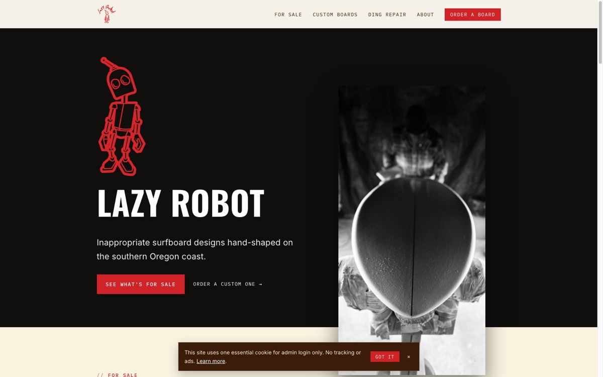 Homepage of Lazy Robot Surfboards