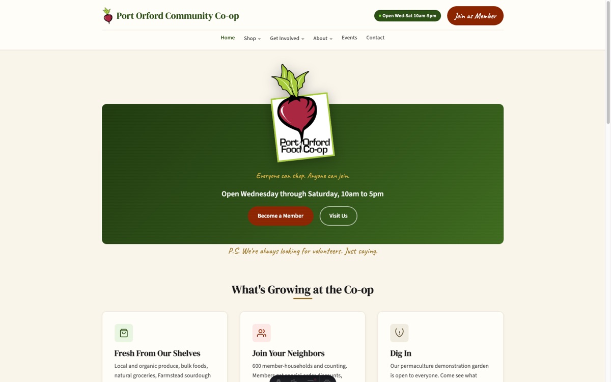 Homepage of Port Orford Community Co-op