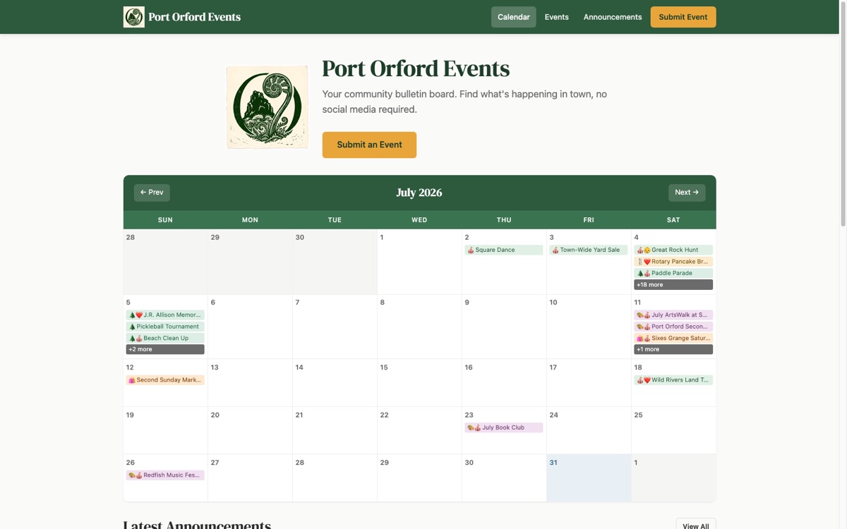 Homepage of Port Orford Events