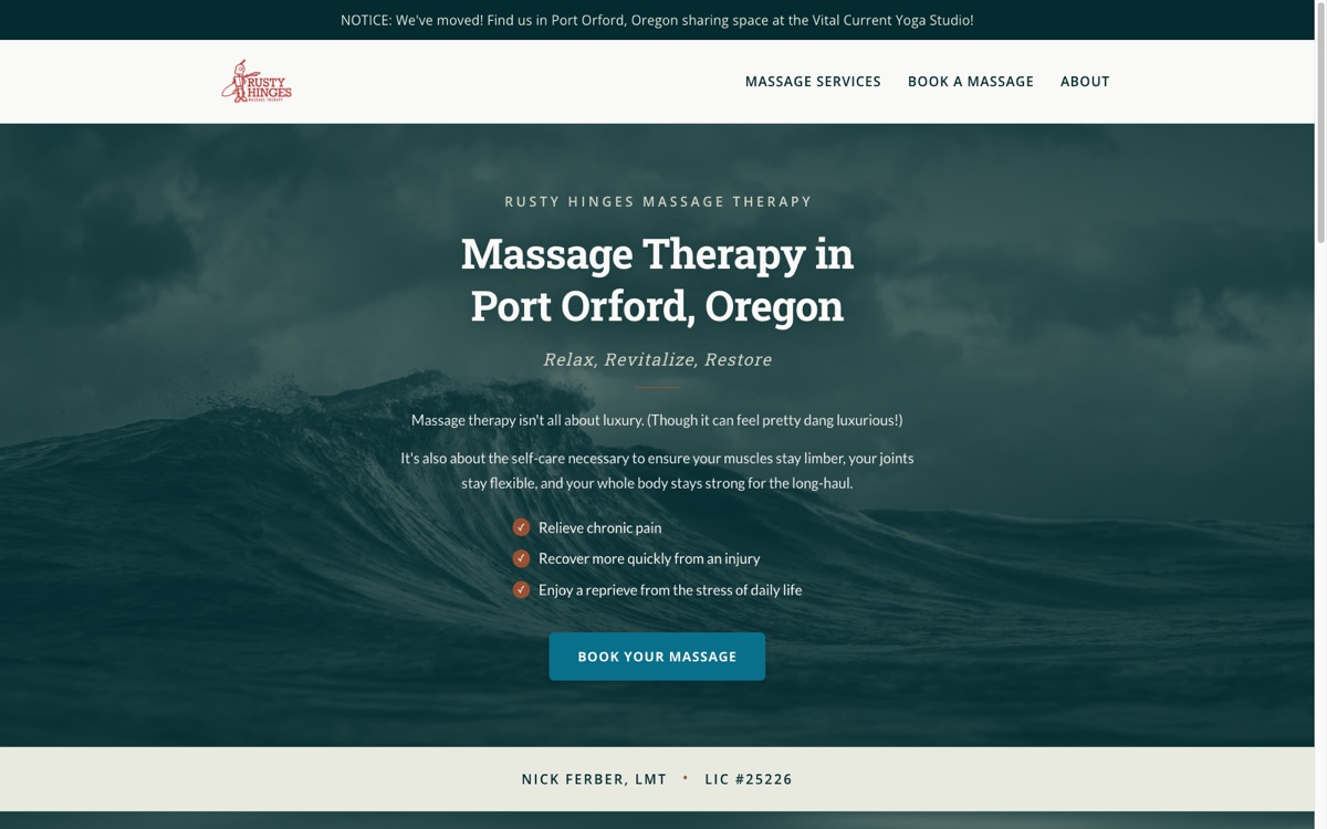 Homepage of Rusty Hinges Massage Therapy