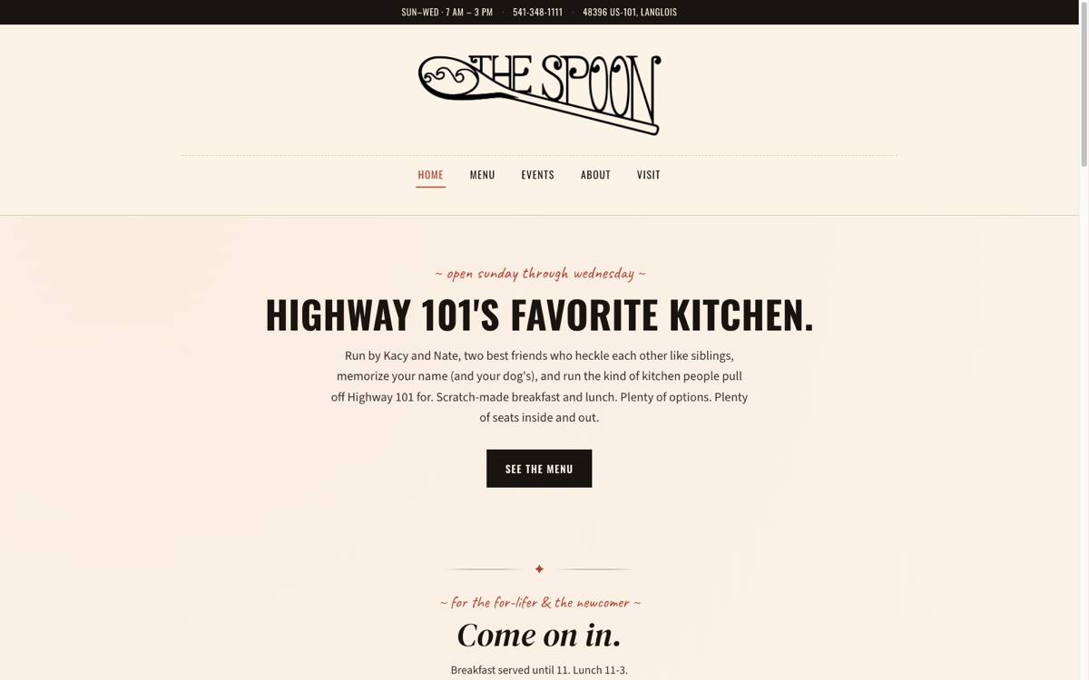 Homepage of The Spoon restaurant